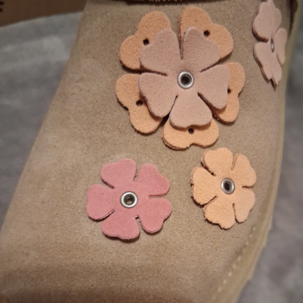 UGG Tan Suede Ankle Booties with Pink & Cream Floral Appliqués - Picture 5 of 12
